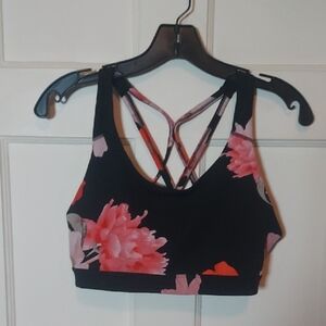 Old Navy Strappy Light Support Sports Bra with Pink Floral Accents In Black SZ L